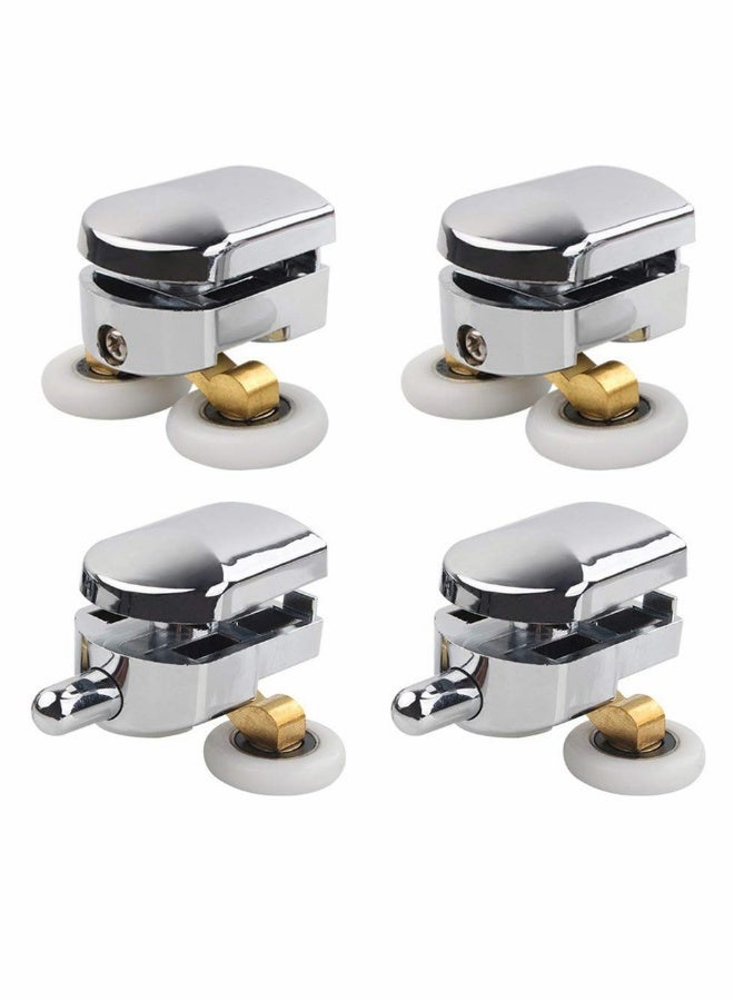 Shower Door Rollers, 4pcs Sliding Shower Doors Wheels Replacement Roller Runner Wheel 2 Top  2 Bottom Chrome Plated Door Roller fit Glass Holes 14mm